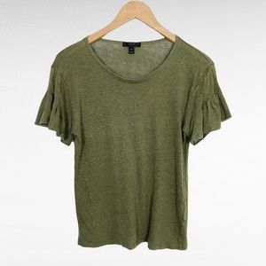 J. Crew | Olive Green Natural Linen Short Flutter Sleeve Preppy Shirt